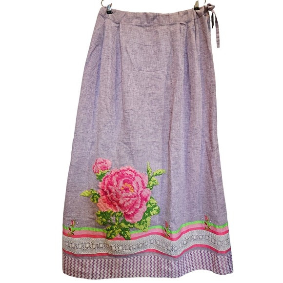 Floral Embroidered Linen Skirt Lavender Pink Cottagecore Bohemian Maxi - Picture 2 of 5